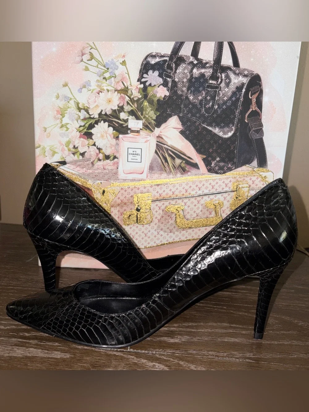 Ralph Lauren NWOT Black Crocodile-Texture Pointed-Toe Stiletto Heels